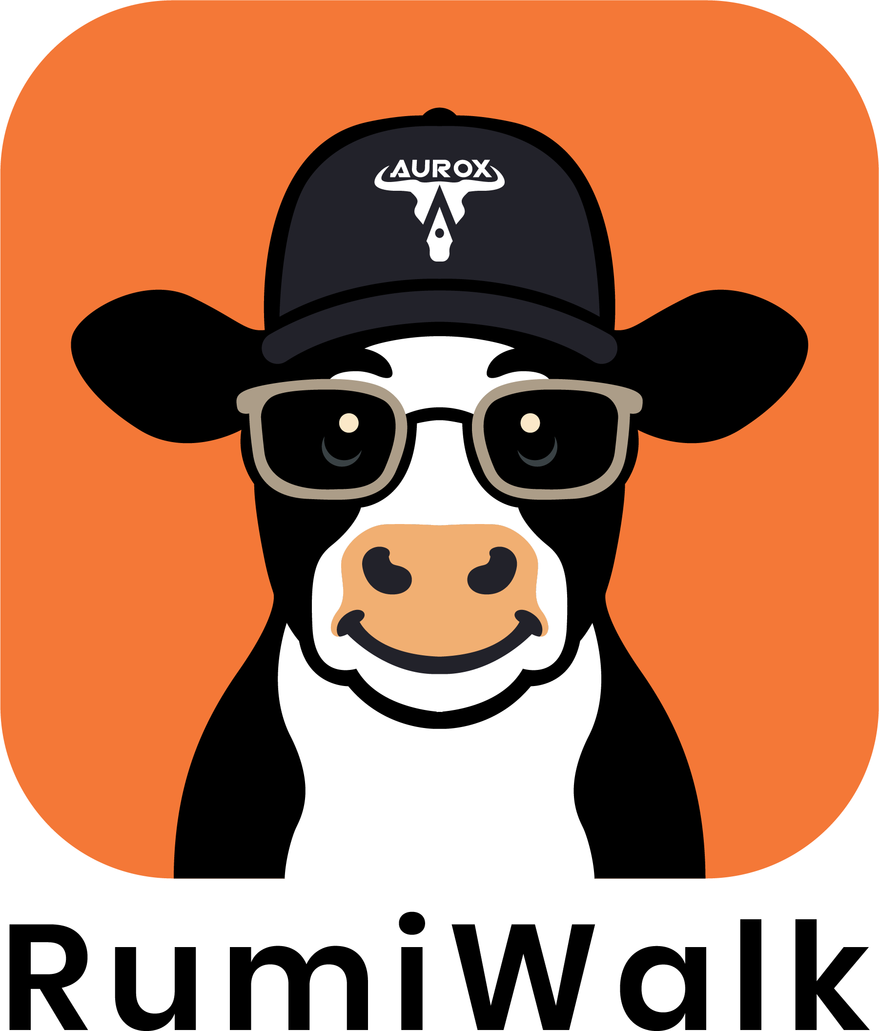 Rumi Walk app icon — Rumi the cow wearing an Aurox hat and sunglasses
